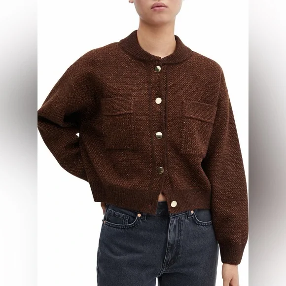 Mng Bomber Cardigan In Dark Brown Size Medium - Picture 1 of 7